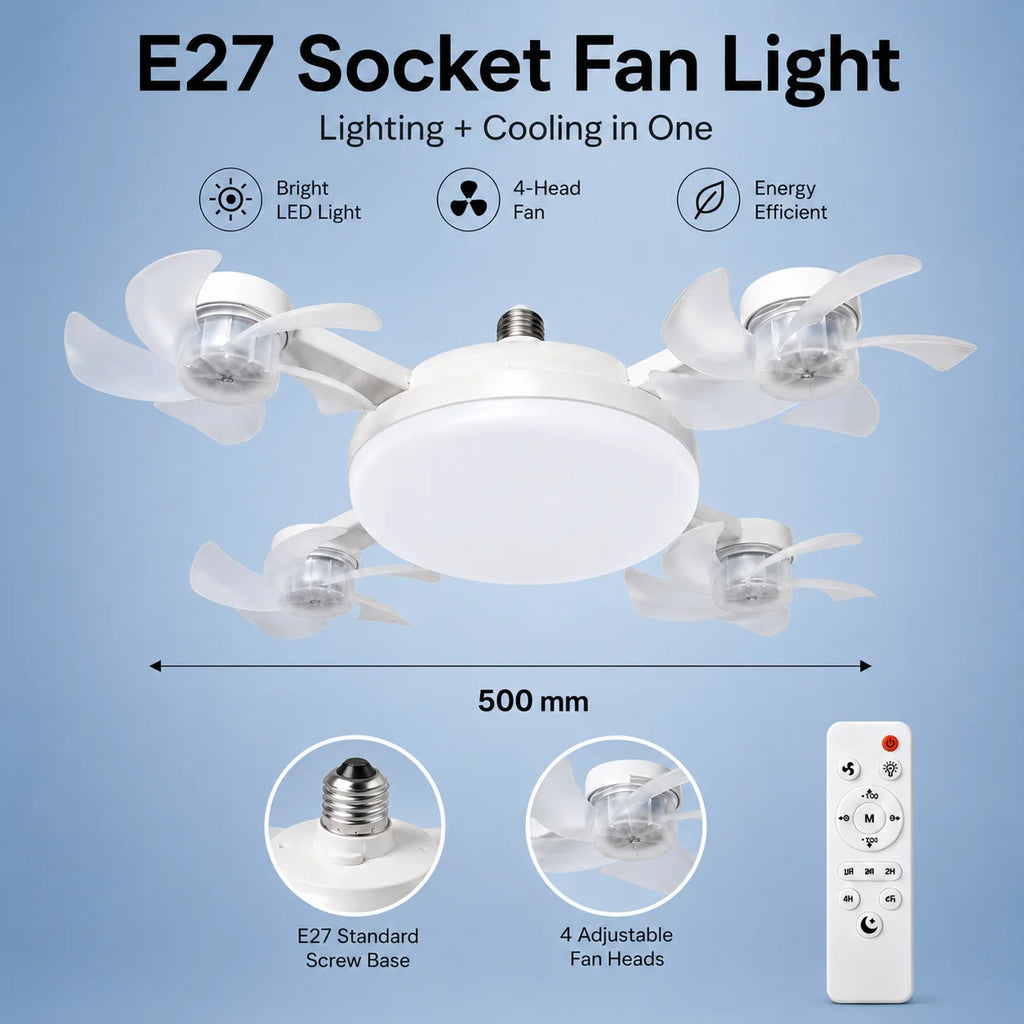 Drone Design E27 Socket Intelligent Ceiling Fan Light Remote Control Adjustment Wind Speed Timer 3 Color Modes Bedroom Decorat