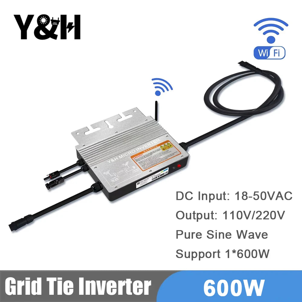 Y&H 600W Grid Tie Inverter with WiFi MPPT Micro Solar Inverter Stackable AC110V 220V Auto DC30-60V Solar Input Pure Sine Wave