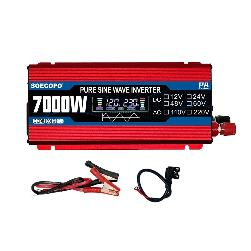 7000W Pure Sine Wave Inverter 12V/24V/48V/60V to 110V/220V AC Output for 12V Home, RV Off-Grid System