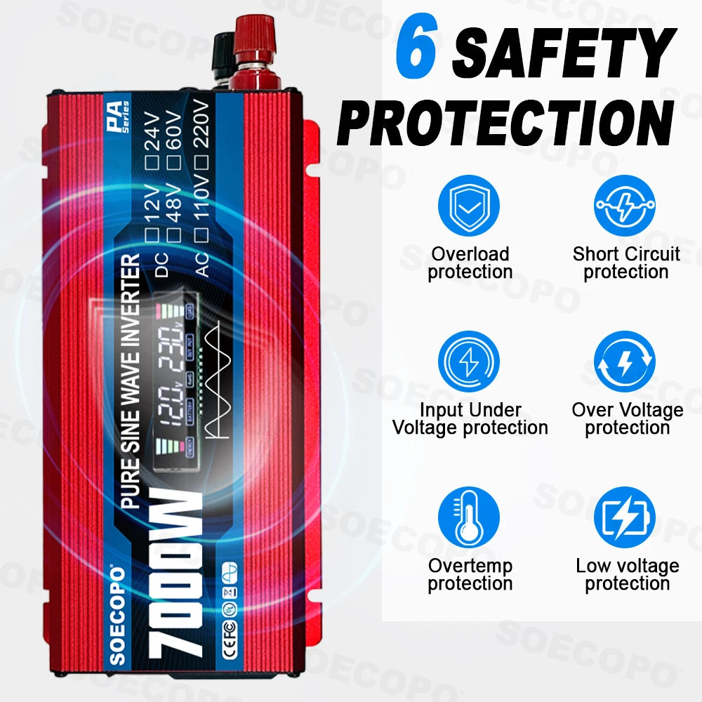 7000W Pure Sine Wave Inverter 12V/24V/48V/60V to 110V/220V AC Output for 12V Home, RV Off-Grid System