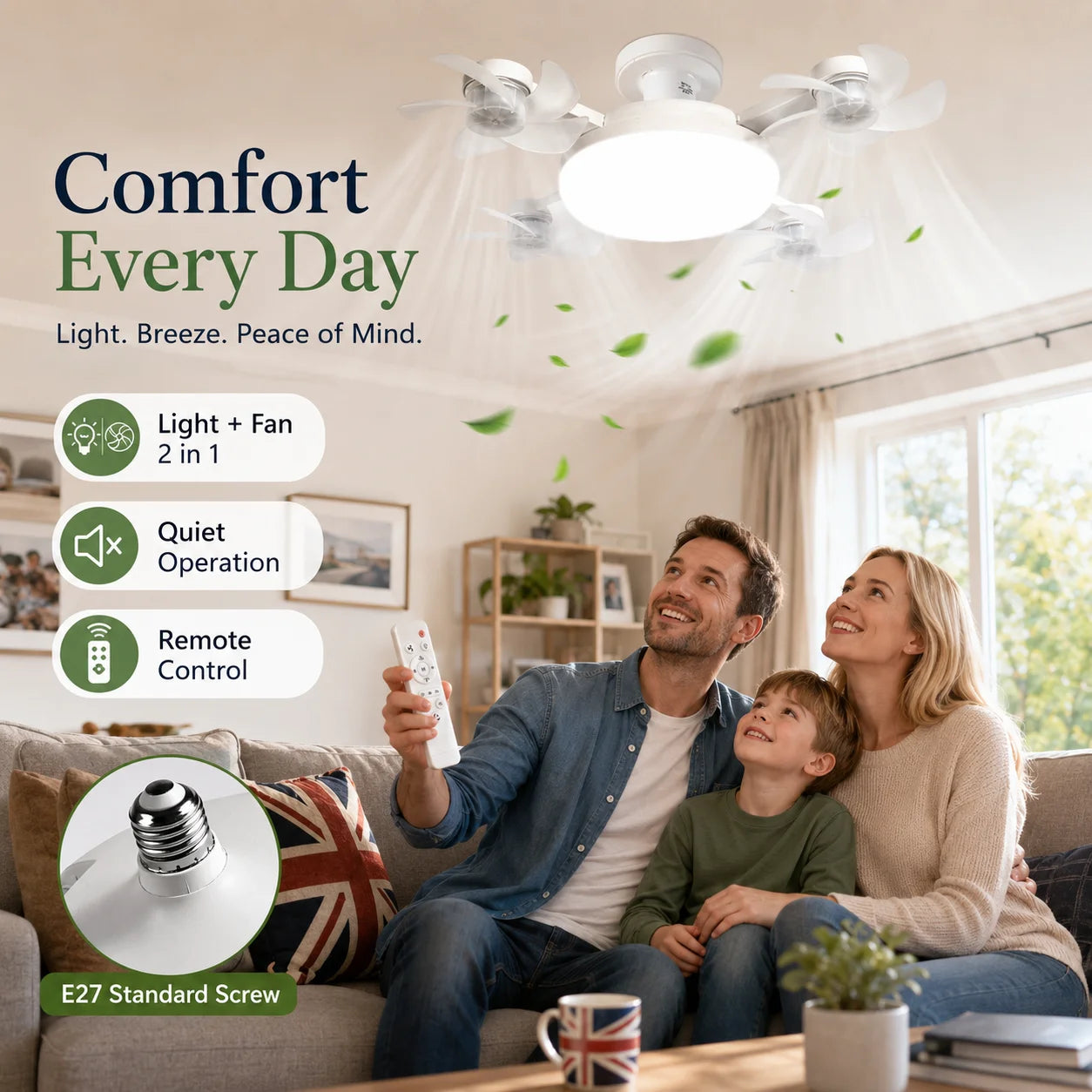 Drone Design E27 Socket Intelligent Ceiling Fan Light Remote Control Adjustment Wind Speed Timer 3 Color Modes Bedroom Decorat