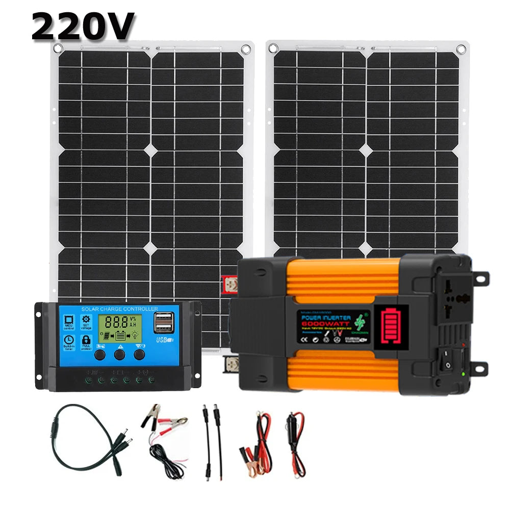 6000W Solar System Complete Kit 12V To 110V/220V 100A Controller 2*300W Panel Off-Grid Inverter System for Home/Camping Backup