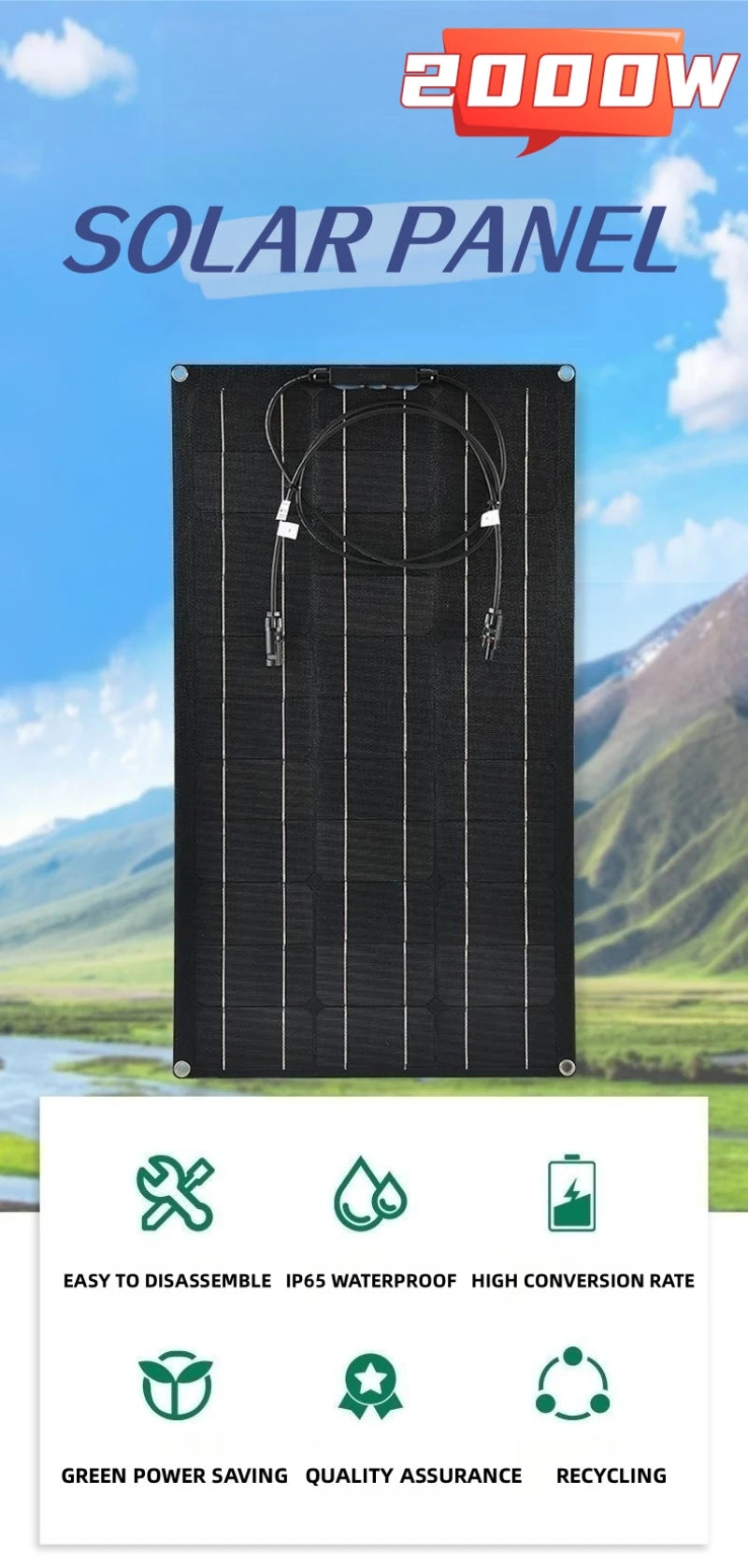 12V Bendable Solar Panel 2000W 1500W 1000W 500W Waterproof Monocrystalline Flexible Solar Panel for RV Boat Outdoor