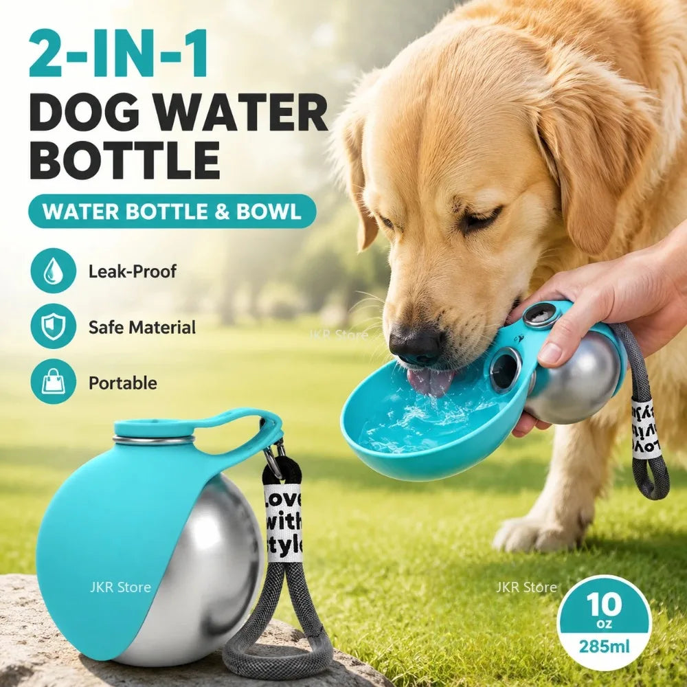 Portable Stainless Steel Pet Water Bottle with Foldable Silicone Bowl for Dogs and Cats Outdoor Walking Hiking Travel Use