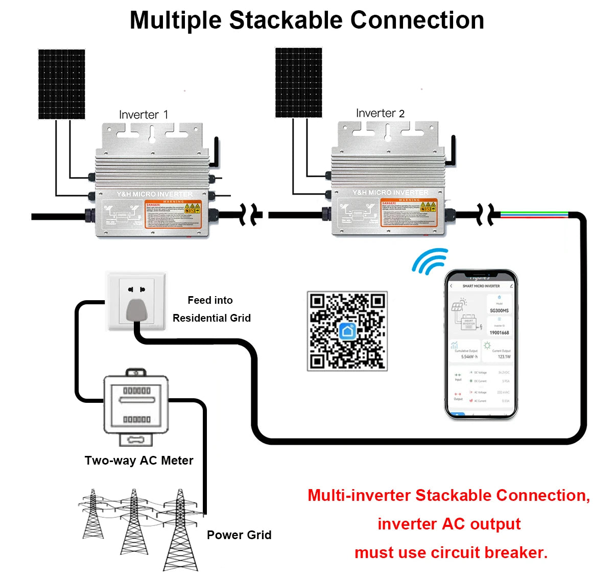 Y&H 600W Grid Tie Inverter with WiFi MPPT Micro Solar Inverter Stackable AC110V 220V Auto DC30-60V Solar Input Pure Sine Wave