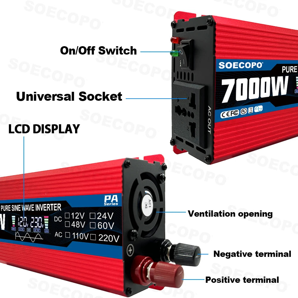 7000W Pure Sine Wave Inverter 12V/24V/48V/60V to 110V/220V AC Output for 12V Home, RV Off-Grid System