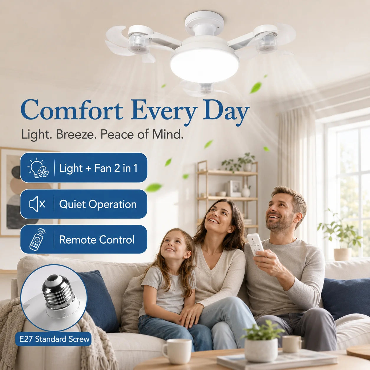 Drone Design E27 Socket Intelligent Ceiling Fan Light Remote Control Adjustment Wind Speed Timer 3 Color Modes Bedroom Decorat