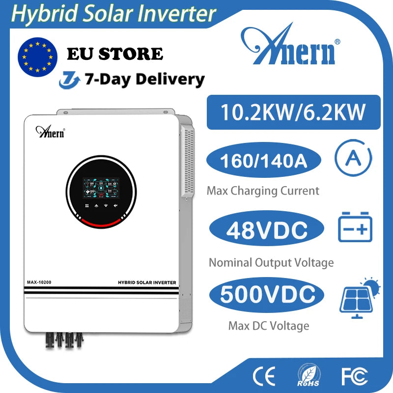 Anern 10.2KW/6.2KW MPPT Hybrid Solar Inverter 48V Dual PV Input Solar Inverter Build-in MPPT 160A 220VAC Solar Charge Controller
