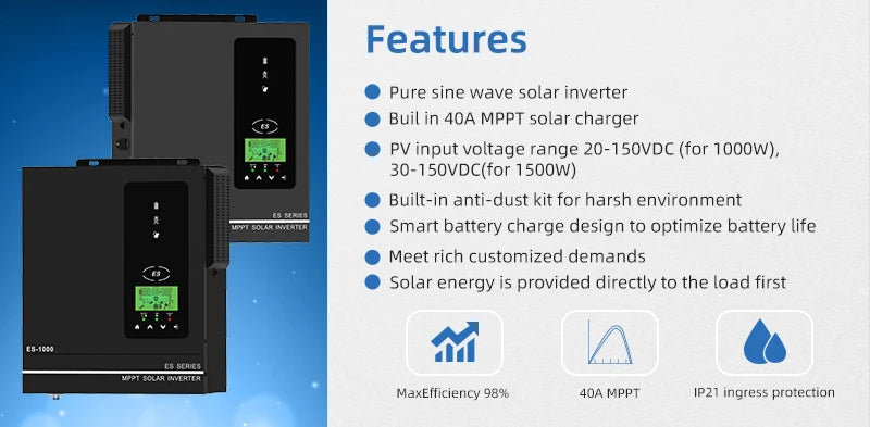 Anern 1KW 1.5KW 1.6KW 3KW Hybrid Solar Inverter 12V 24V 220V MPPT 80A Off Grid Inverters Pure Sine Wave