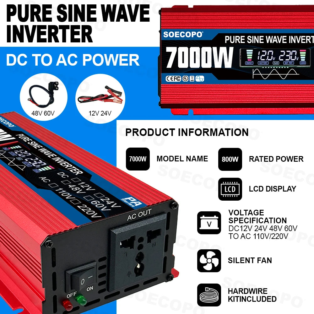 7000W Pure Sine Wave Inverter 12V/24V/48V/60V to 110V/220V AC Output for 12V Home, RV Off-Grid System