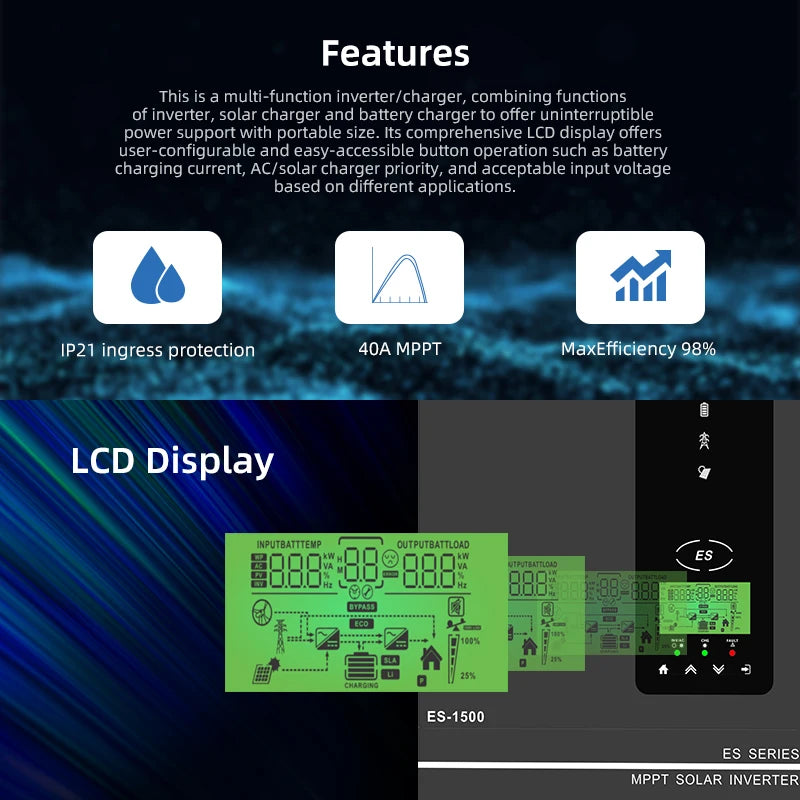 Anern 1KW 1.5KW 1.6KW 3KW Hybrid Solar Inverter 12V 24V 220V MPPT 80A Off Grid Inverters Pure Sine Wave
