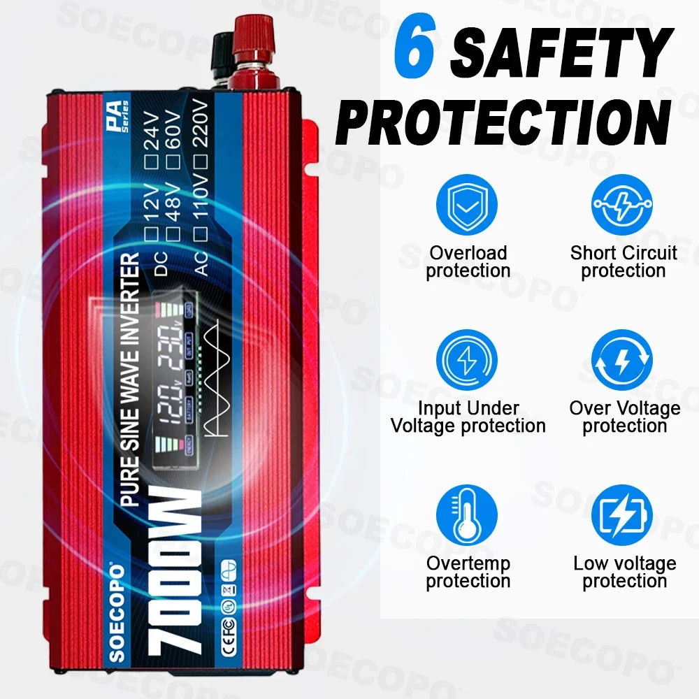 7000W Pure Sine Wave Inverter 12V/24V/48V/60V to 110V/220V AC Output for 12V Home, RV Off-Grid System