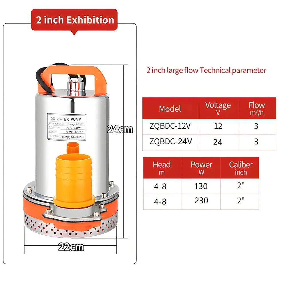 12V/24V DC Submersible Pumps 2 inch Solar Water Pump High Head High Flow Solar Water Pump Home Vegetable Gardening Water Pump