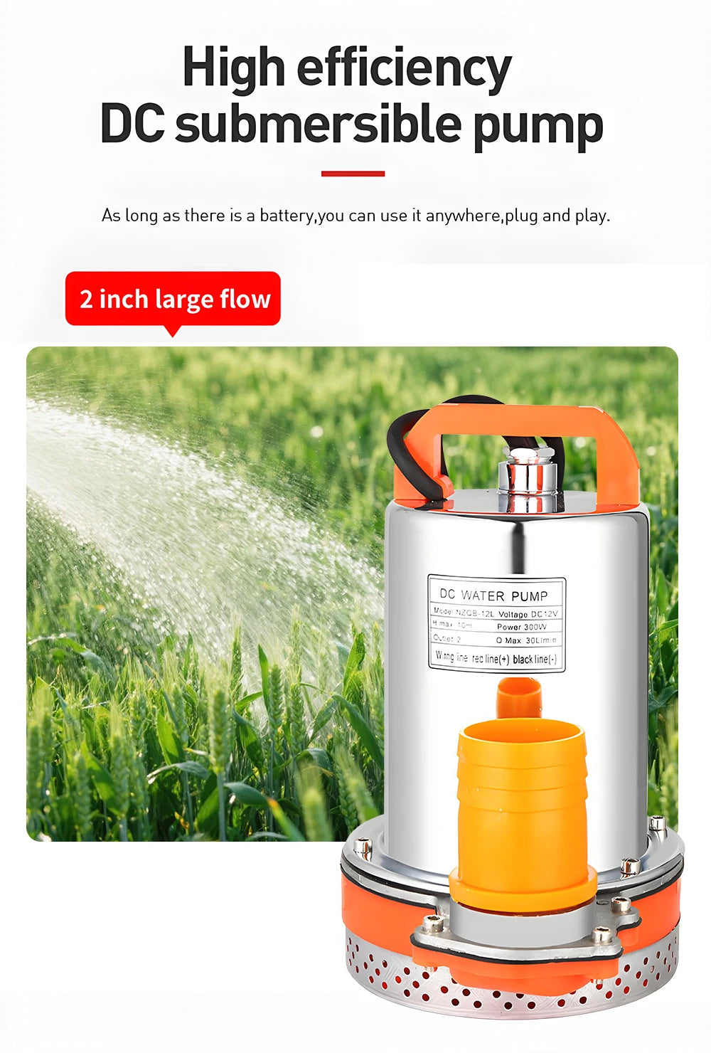 12V/24V DC Submersible Pumps 2 inch Solar Water Pump High Head High Flow Solar Water Pump Home Vegetable Gardening Water Pump