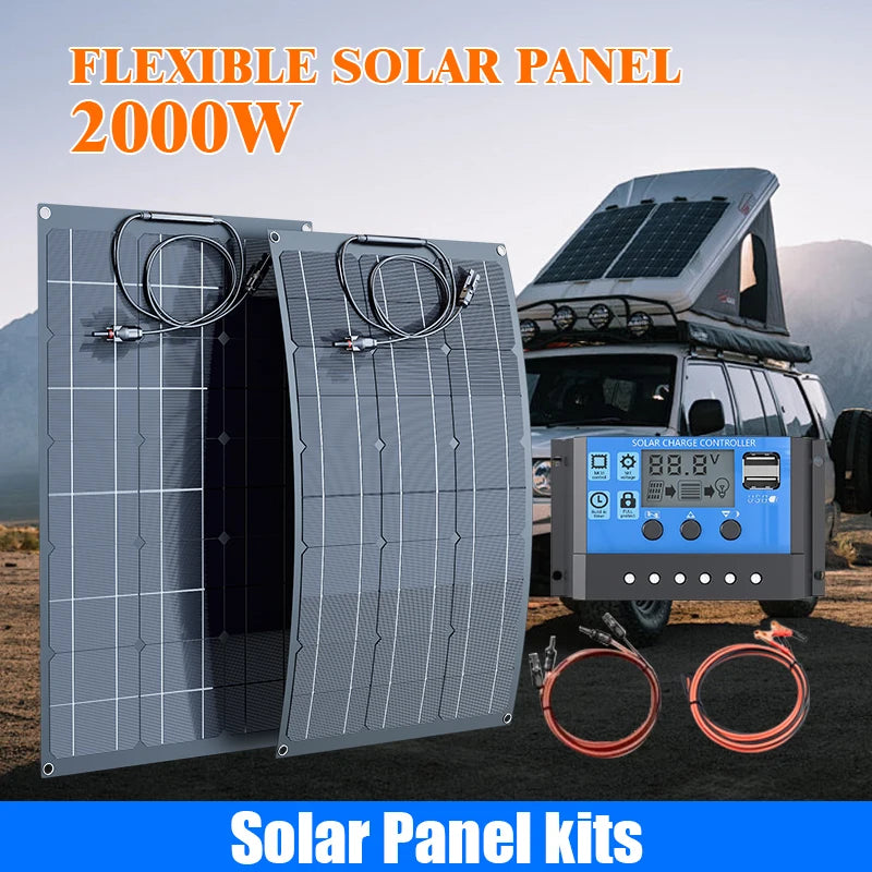 12V Bendable Solar Panel 2000W 1500W 1000W 500W Waterproof Monocrystalline Flexible Solar Panel for RV Boat Outdoor