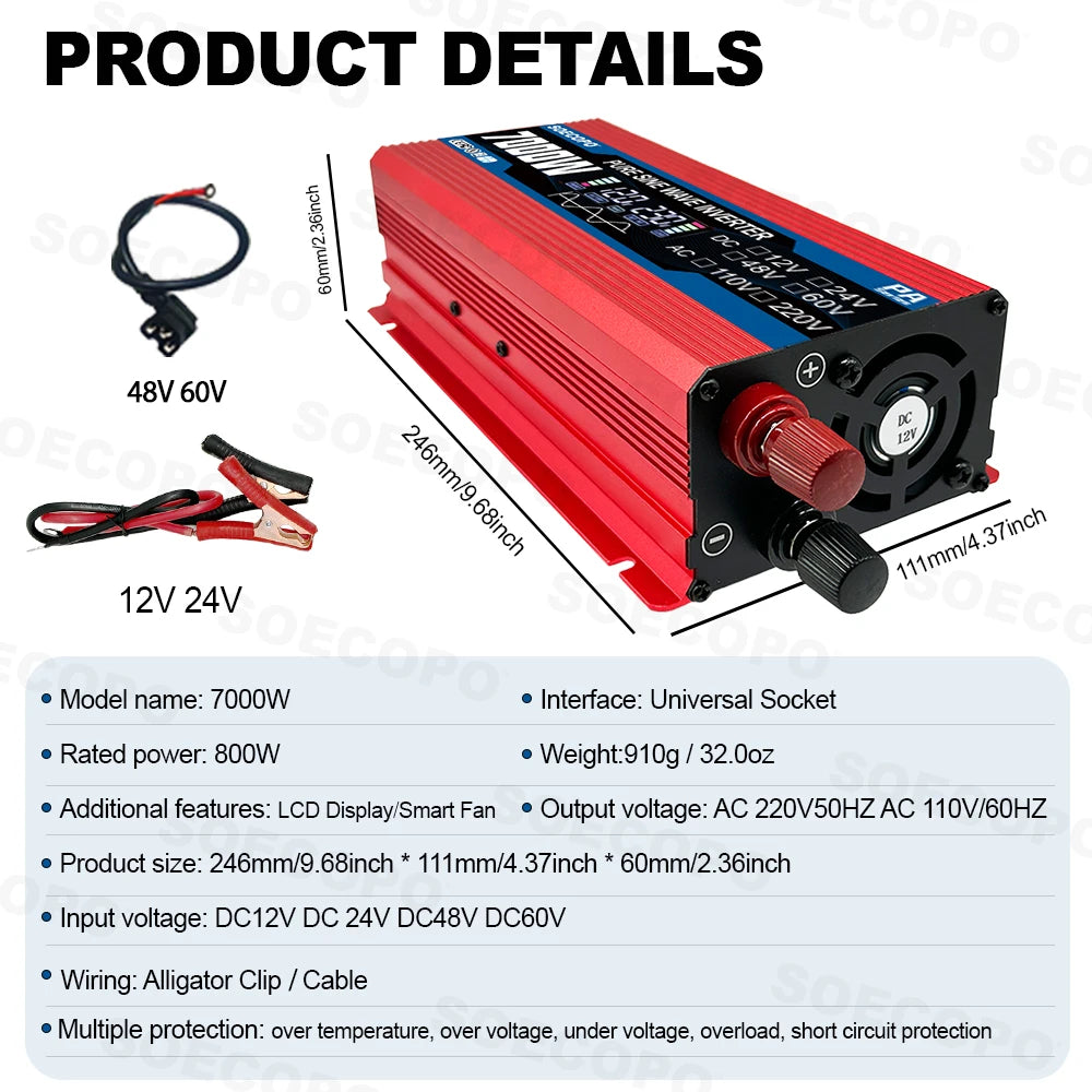 7000W Pure Sine Wave Inverter 12V/24V/48V/60V to 110V/220V AC Output for 12V Home, RV Off-Grid System