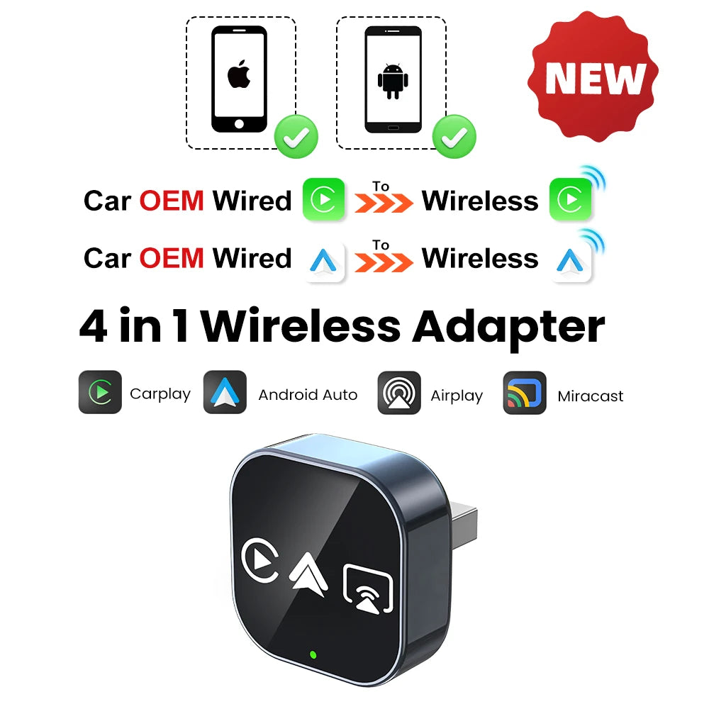 2026 4in1 New Upgrade Carplay Adapter Wireless Android Auto Mirror Link Smart MiNi AI Box USB Plug and Play Auto Connect WiFi