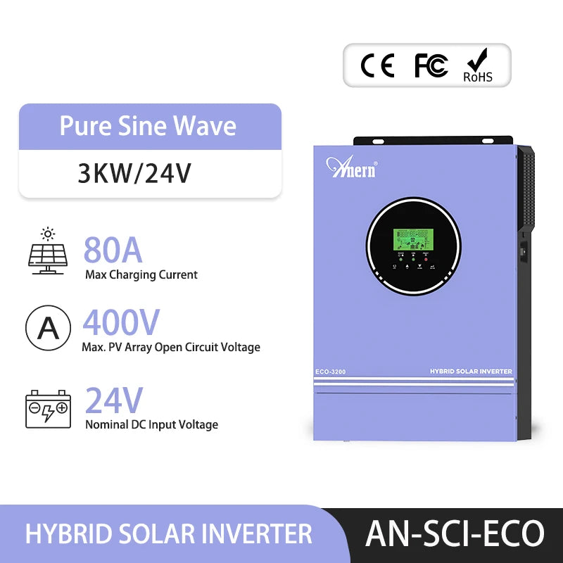 Anern 1KW 1.5KW 1.6KW 3KW Hybrid Solar Inverter 12V 24V 220V MPPT 80A Off Grid Inverters Pure Sine Wave