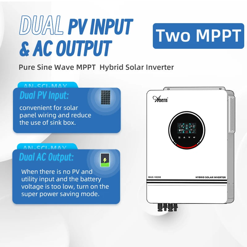 Anern 10.2KW/6.2KW MPPT Hybrid Solar Inverter 48V Dual PV Input Solar Inverter Build-in MPPT 160A 220VAC Solar Charge Controller