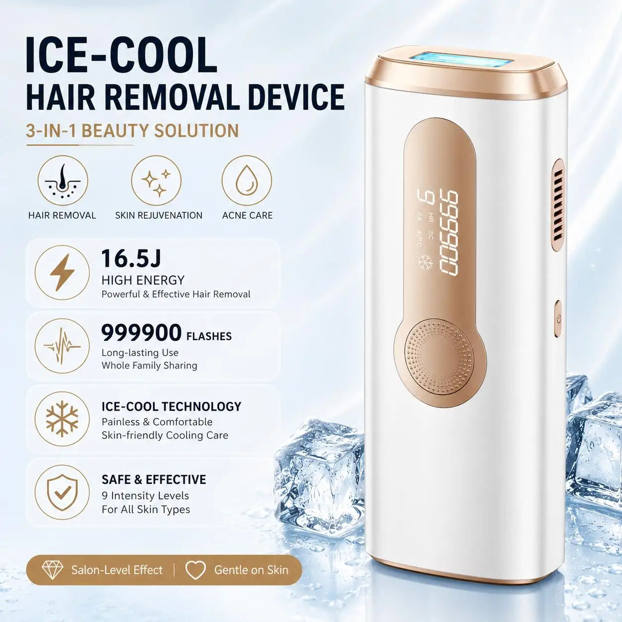 IPL Hair Removal with Ice Cooling Function for Women,Long-Lasting Results,999,999 Flashes Painless Hair Removal for Armpits Legs