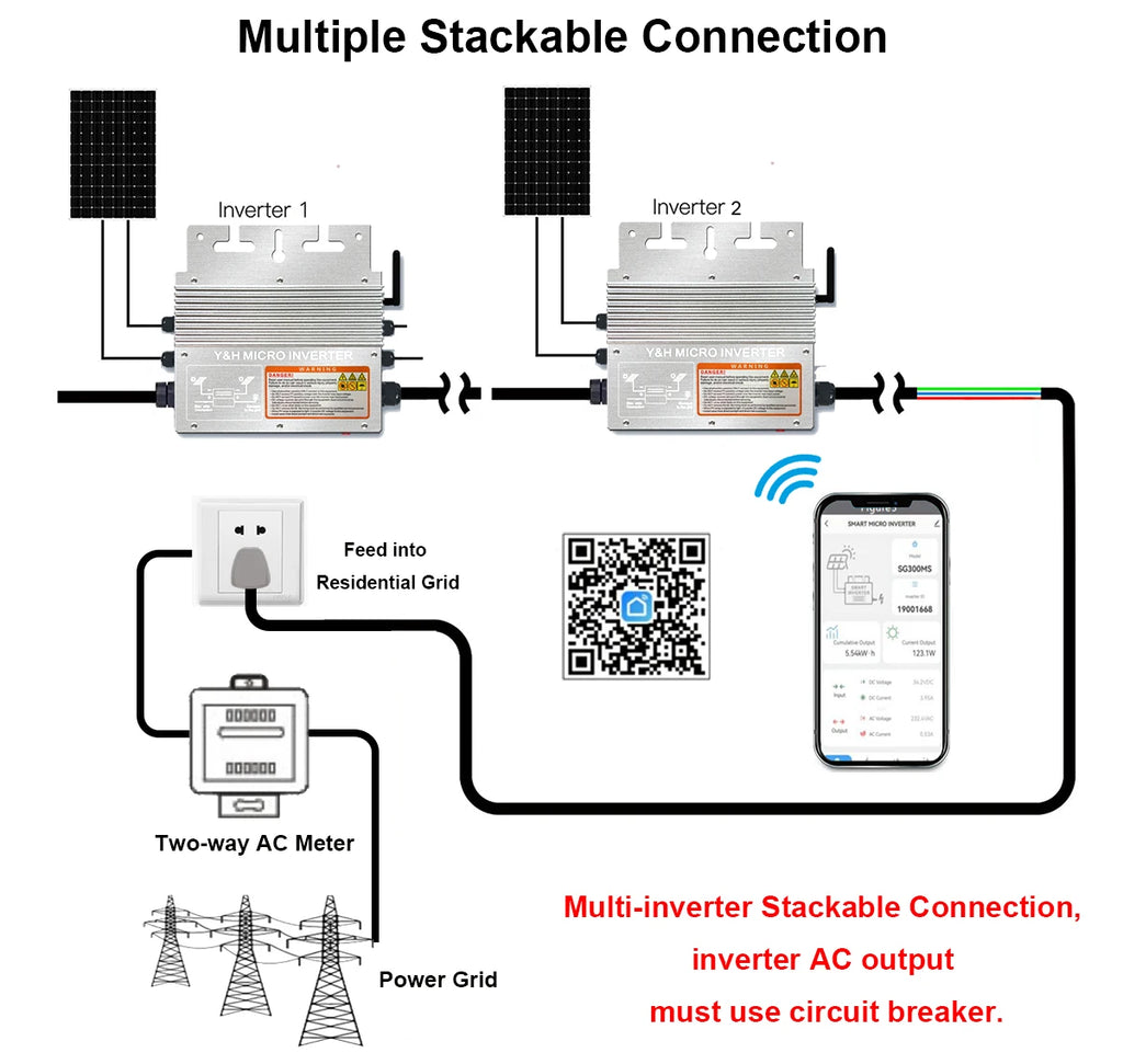 Y&H 600W Grid Tie Inverter with WiFi MPPT Micro Solar Inverter Stackable AC110V 220V Auto DC30-60V Solar Input Pure Sine Wave