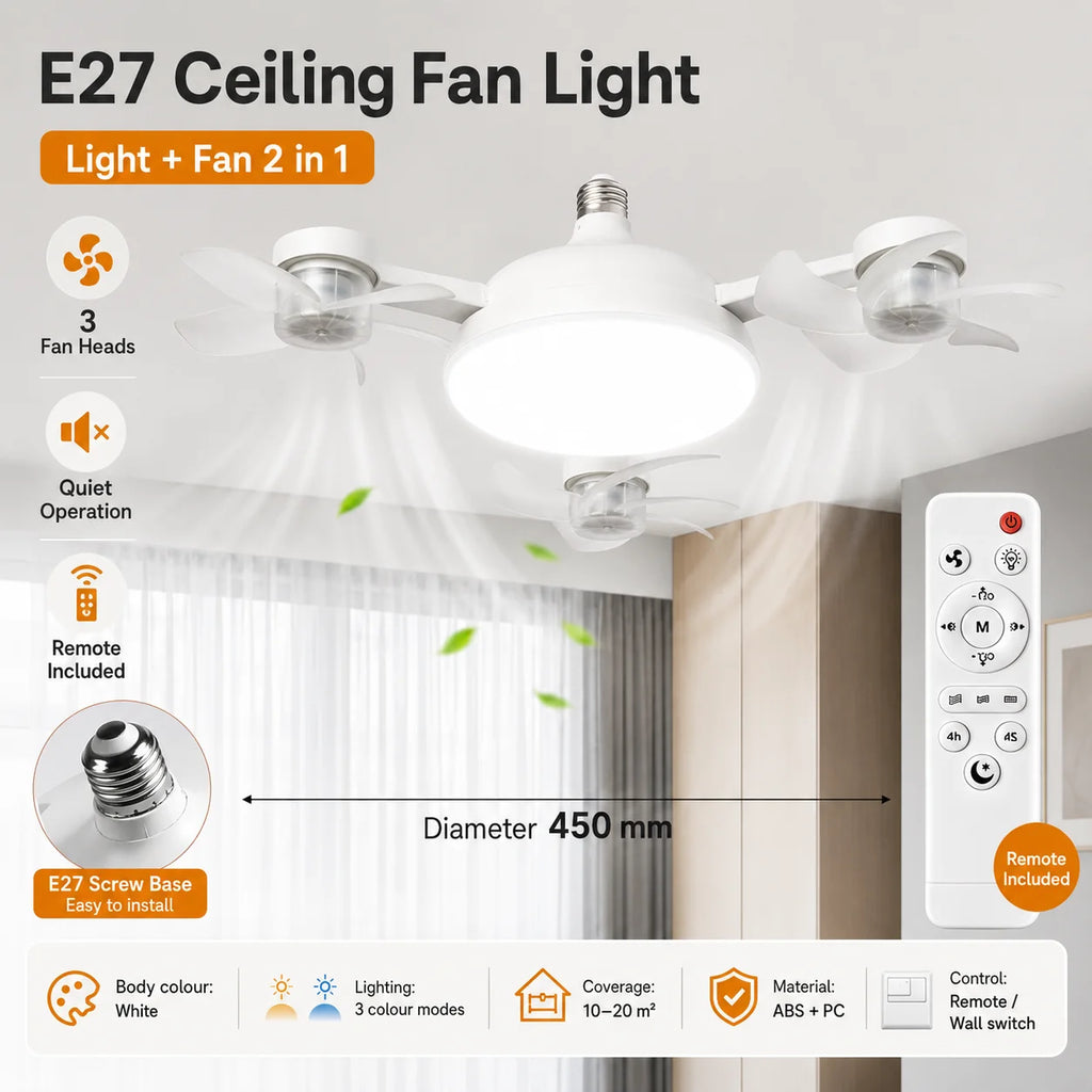 Drone Design E27 Socket Intelligent Ceiling Fan Light Remote Control Adjustment Wind Speed Timer 3 Color Modes Bedroom Decorat