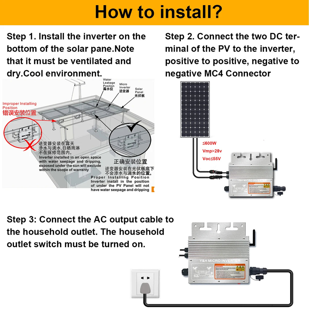 Y&H 600W Grid Tie Inverter with WiFi MPPT Micro Solar Inverter Stackable AC110V 220V Auto DC30-60V Solar Input Pure Sine Wave