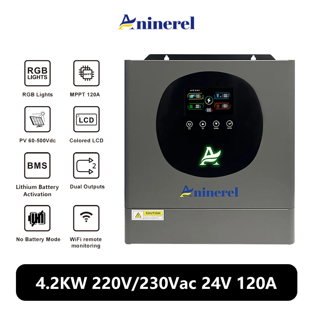 Aninerel Hybrid Solar Inverter MPPT 2KW 4.2KW 6.2KW 11KW 12V 24V 48V LCD Display Pure Sine Wave 220V Home PV Inverter With WIFI