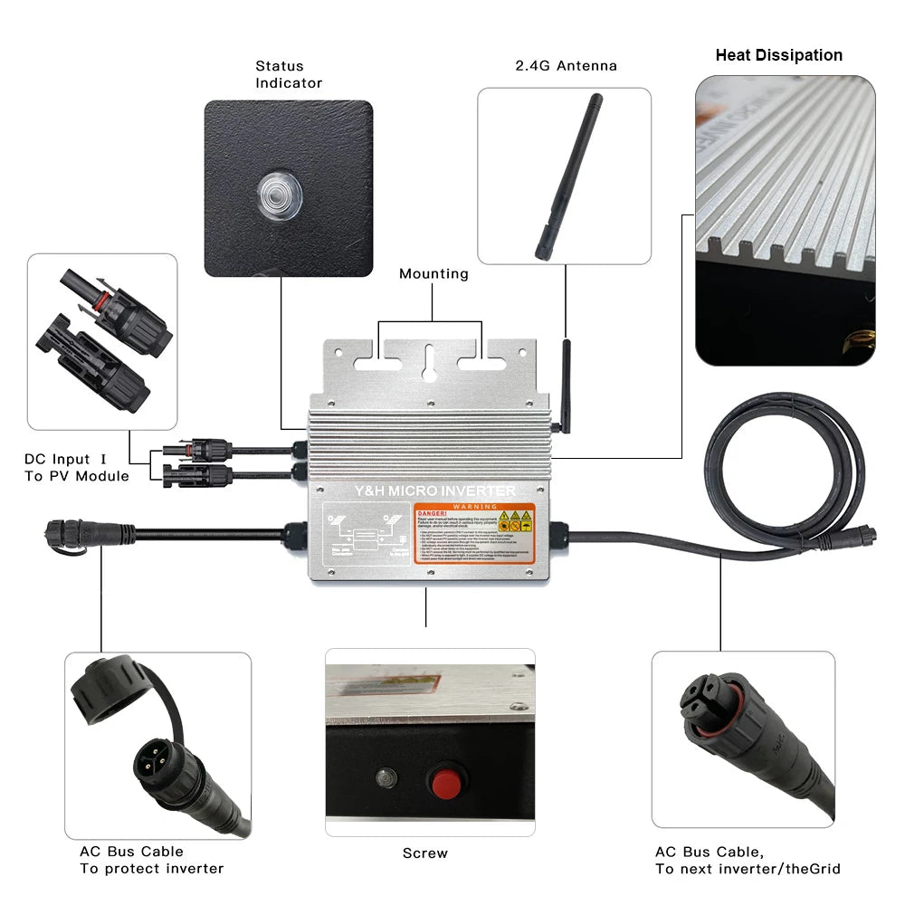 Y&H 600W Grid Tie Inverter with WiFi MPPT Micro Solar Inverter Stackable AC110V 220V Auto DC30-60V Solar Input Pure Sine Wave