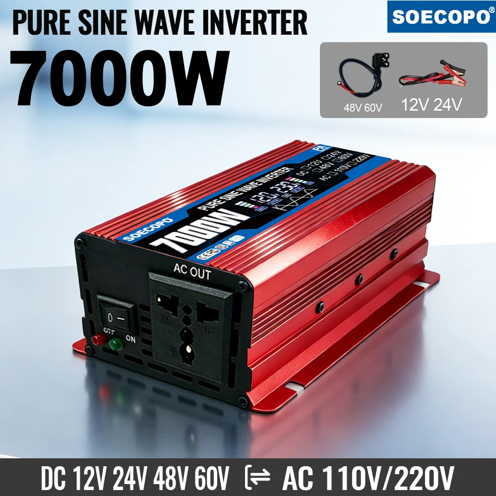 7000W Pure Sine Wave Inverter 12V/24V/48V/60V to 110V/220V AC Output for 12V Home, RV Off-Grid System