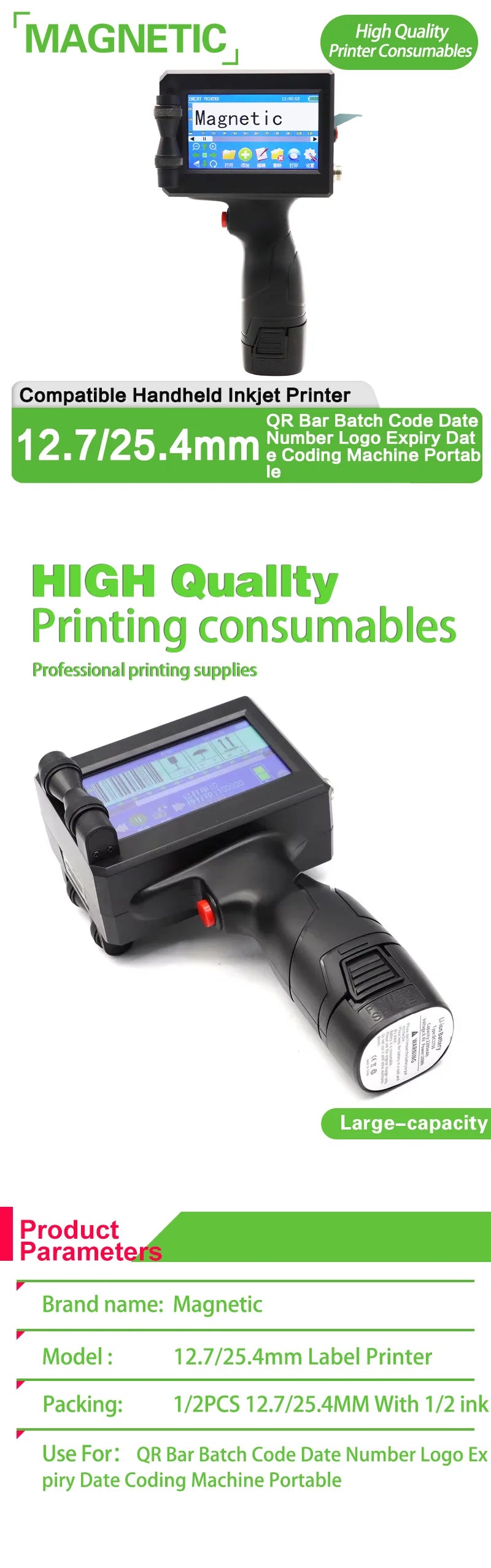 Phezer 12.7/25.4mm Label Printer Handheld Inkjet Printer QR Bar Batch Code Date Number Logo Expiry Date Coding Machine Portable