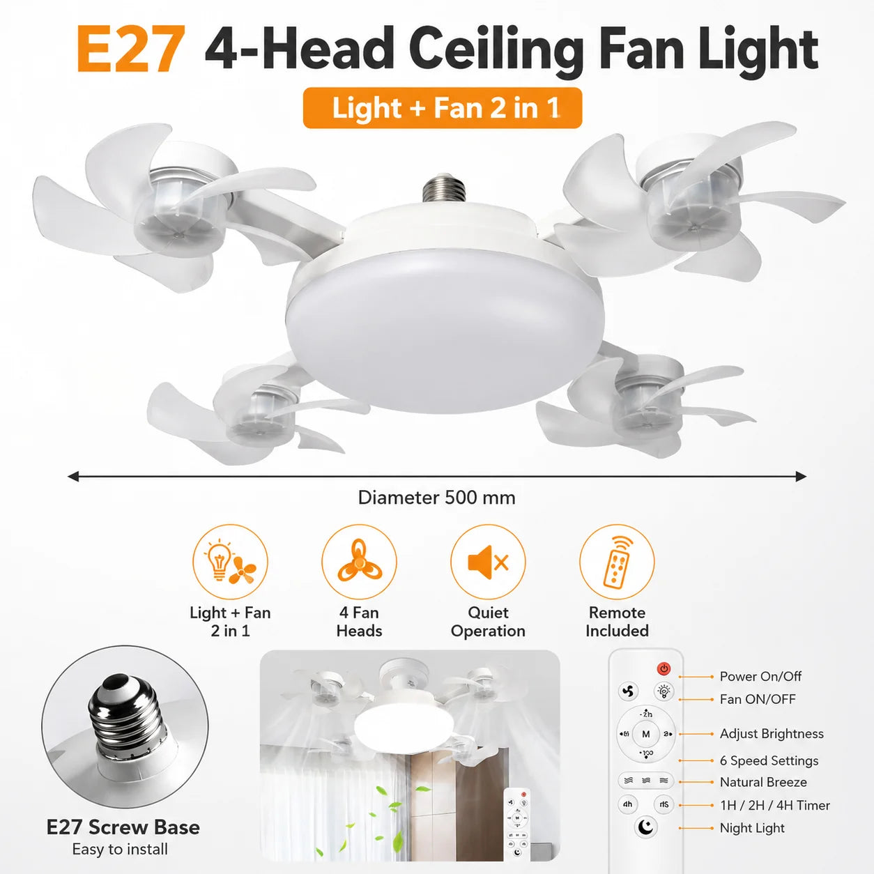Drone Design E27 Socket Intelligent Ceiling Fan Light Remote Control Adjustment Wind Speed Timer 3 Color Modes Bedroom Decorat