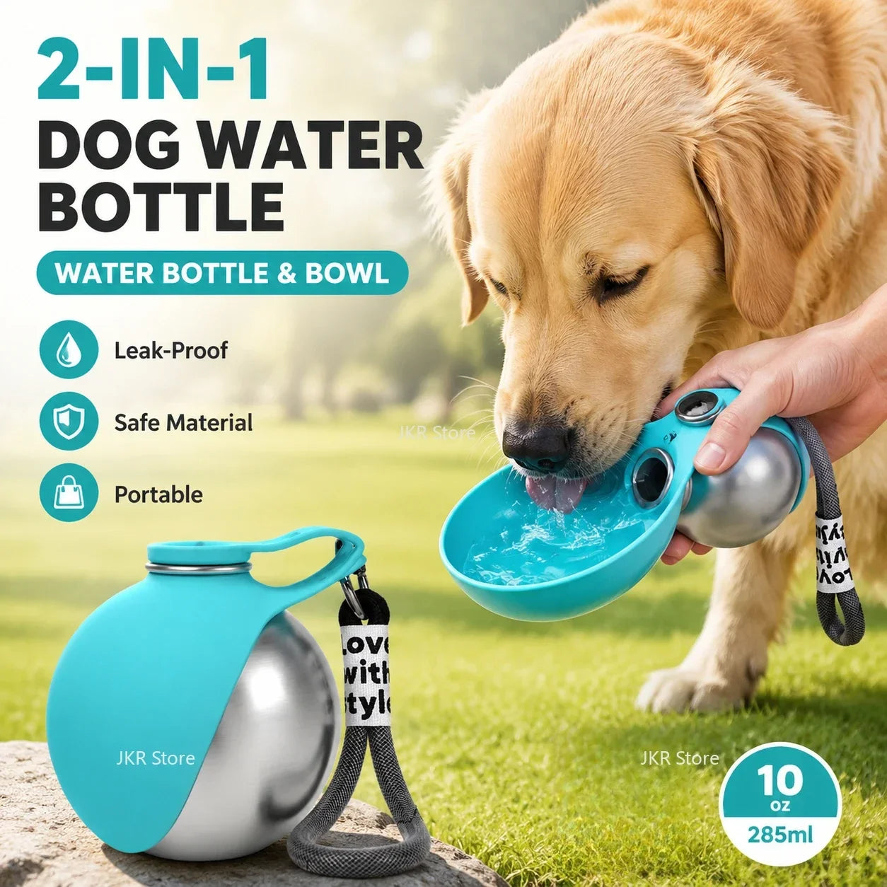 Portable Stainless Steel Pet Water Bottle with Foldable Silicone Bowl for Dogs and Cats Outdoor Walking Hiking Travel Use