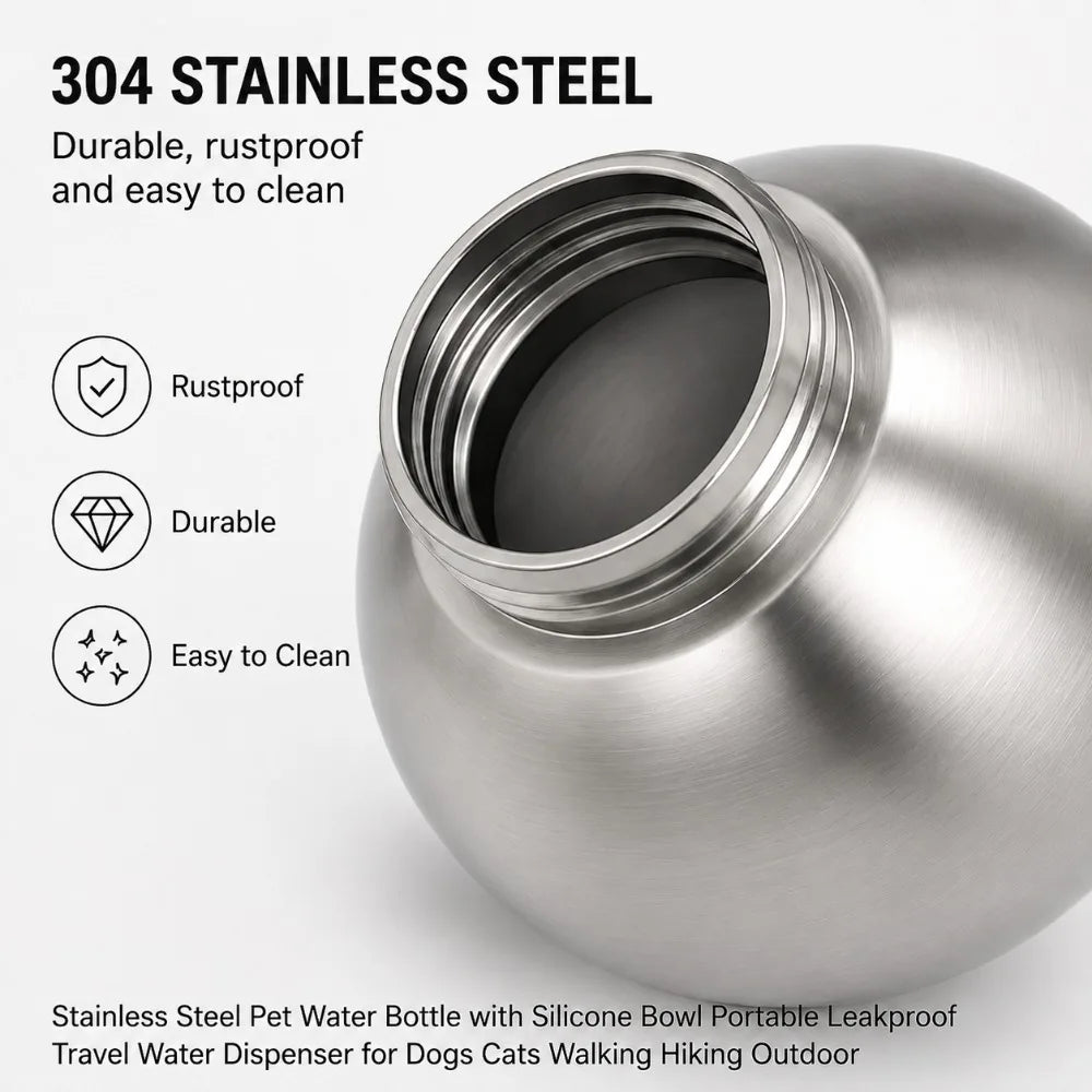 Portable Stainless Steel Pet Water Bottle with Foldable Silicone Bowl for Dogs and Cats Outdoor Walking Hiking Travel Use