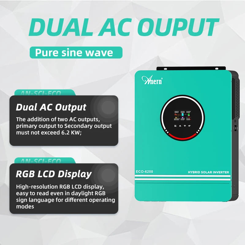 Anern 10.2KW/6.2KW MPPT Hybrid Solar Inverter 48V Dual PV Input Solar Inverter Build-in MPPT 160A 220VAC Solar Charge Controller