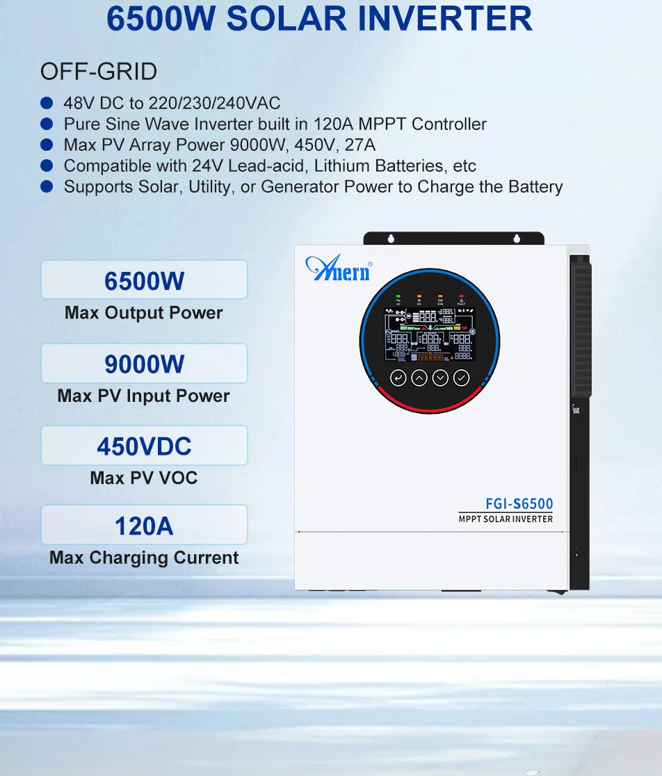 5KW 6.5KW 12KW Hybrid Solar Inverter 5000W 24V 12000W 48V 220V 160A MPPT Solar Controller 90-450V Off Grid Inverter