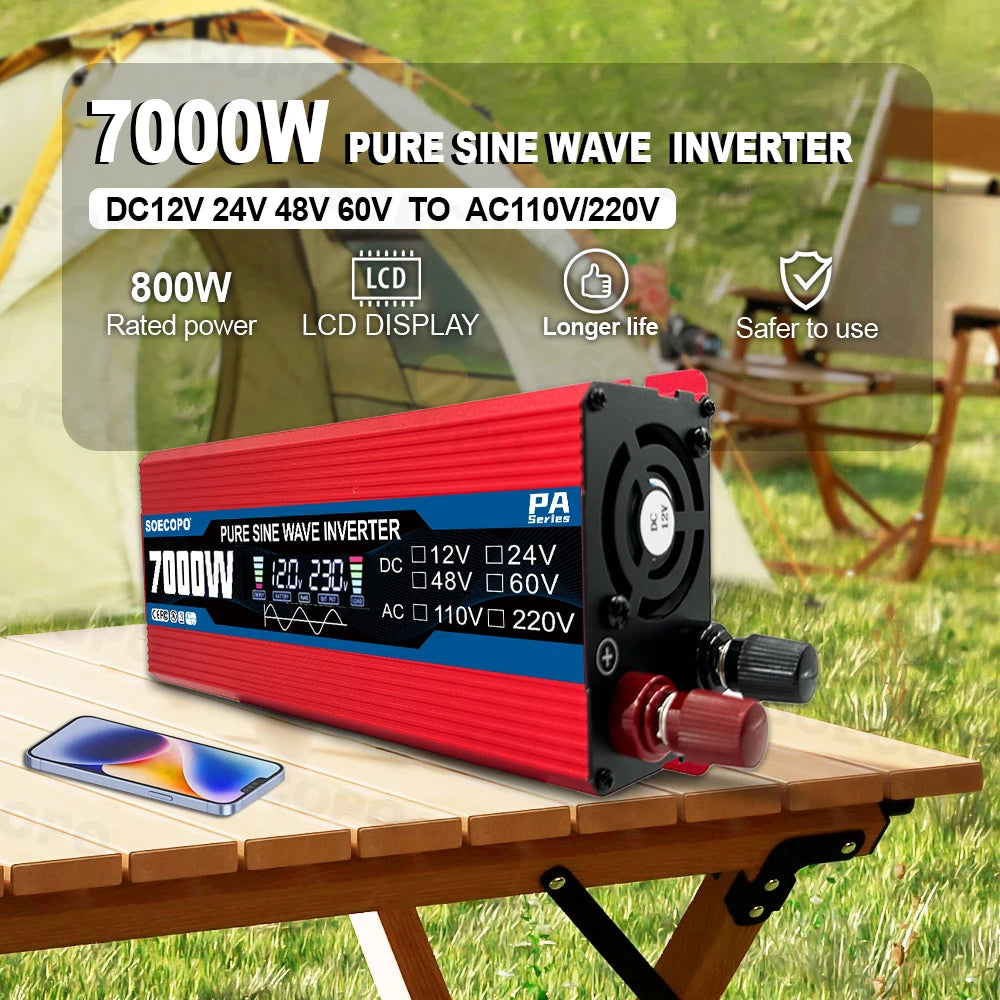 7000W Pure Sine Wave Inverter 12V/24V/48V/60V to 110V/220V AC Output for 12V Home, RV Off-Grid System