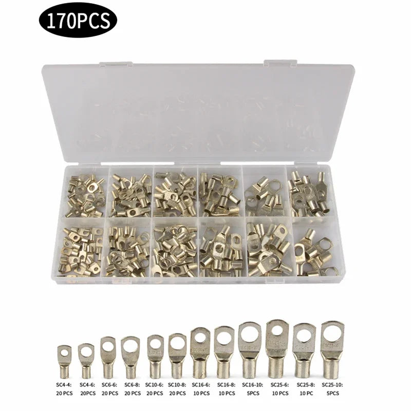 60/100/170pcs SC Bare Bolt Hole Tinned Copper Cable lugs Battery Terminal Wire Terminals Connector Suit SC10-6 SC16-8 SC25-8