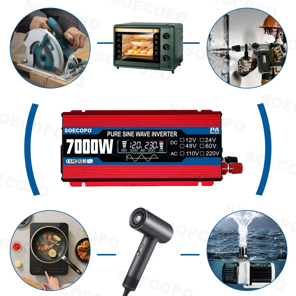 7000W Pure Sine Wave Inverter 12V/24V/48V/60V to 110V/220V AC Output for 12V Home, RV Off-Grid System