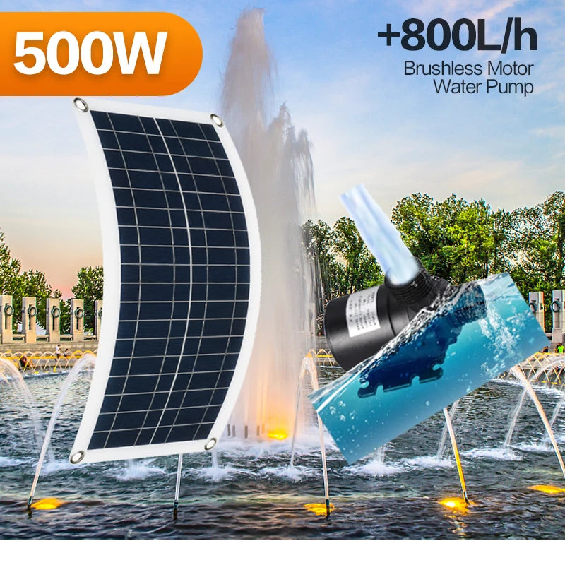 500W 800L/H Solar Panel Water Pump Charging Fountain Power Bank 12V Motor Solar Kit Garden Pond Solar Energy