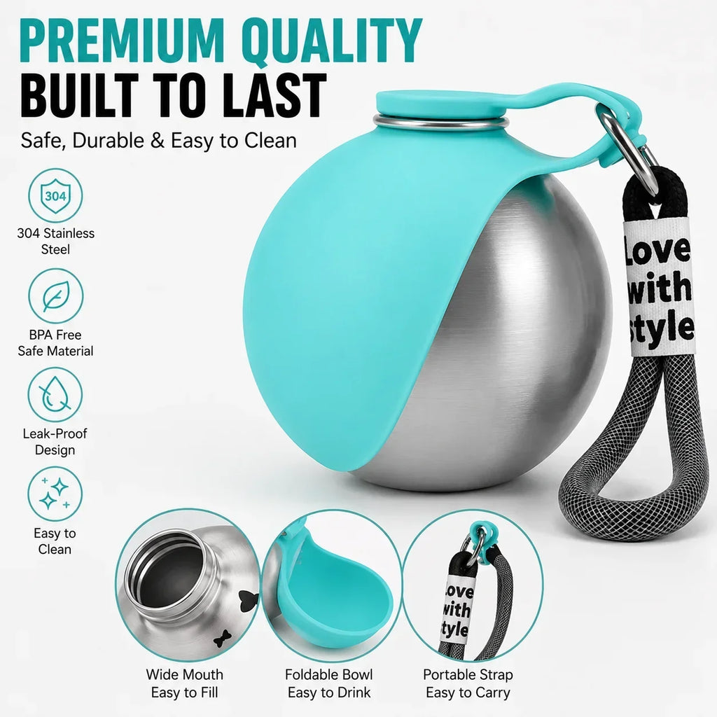 Portable Stainless Steel Pet Water Bottle with Foldable Silicone Bowl for Dogs and Cats Outdoor Walking Hiking Travel Use