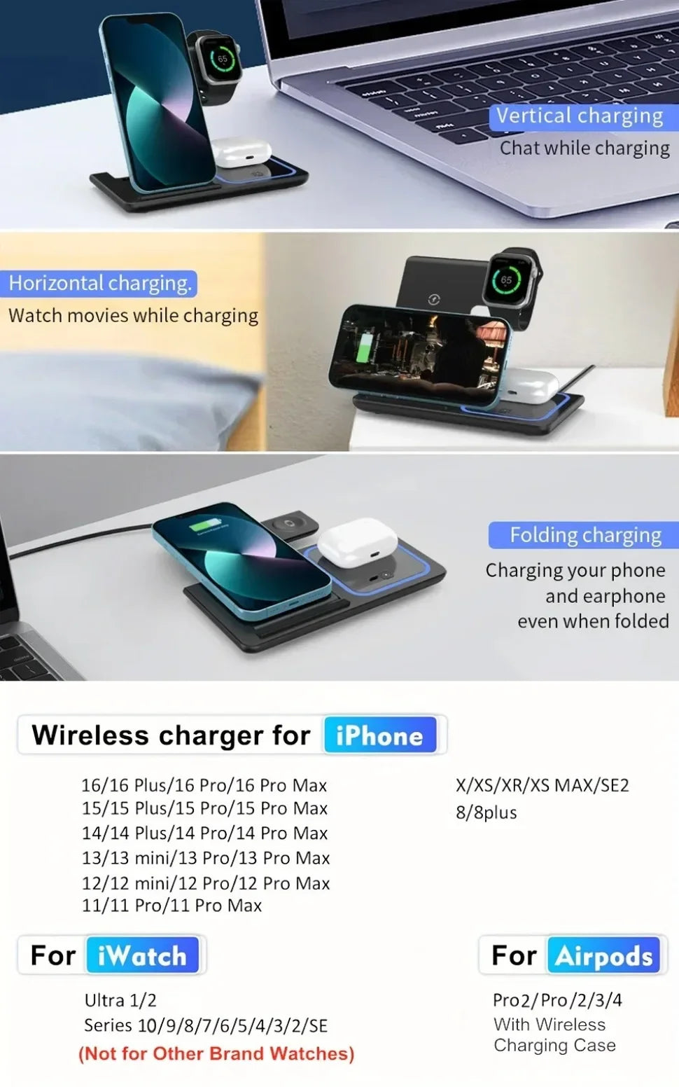 Foldable 3 in 1 Wireless Charging Station for iPhone 17 16 15 14 13 12 Pro Max iWatch 11 Airpods Pro 4/3 Fast Charger Stand Dock