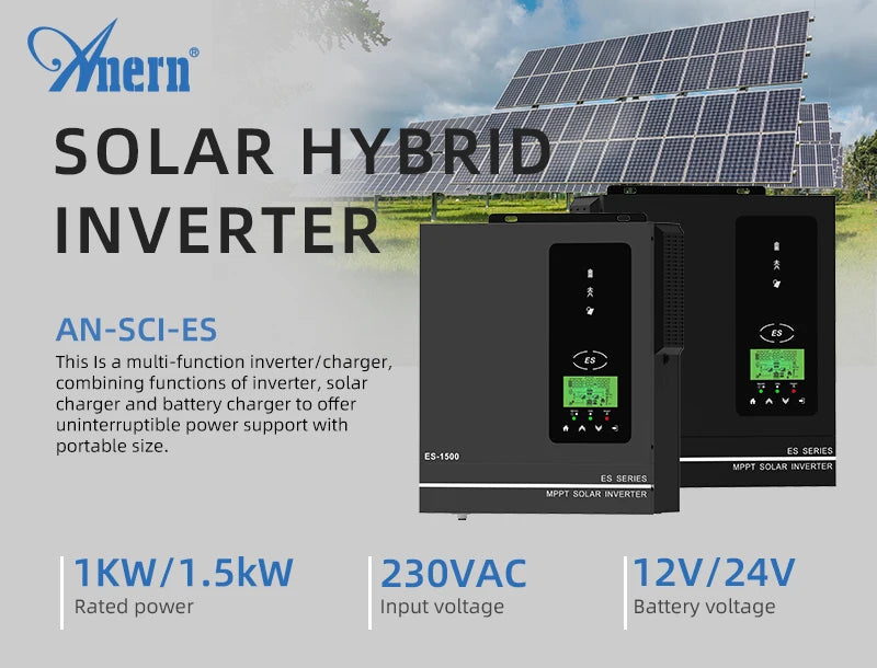 Anern 1KW 1.5KW 1.6KW 3KW Hybrid Solar Inverter 12V 24V 220V MPPT 80A Off Grid Inverters Pure Sine Wave