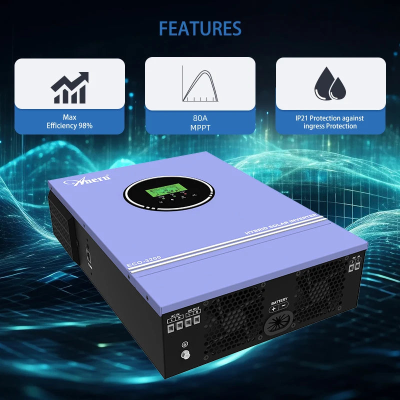 Anern 1KW 1.5KW 1.6KW 3KW Hybrid Solar Inverter 12V 24V 220V MPPT 80A Off Grid Inverters Pure Sine Wave