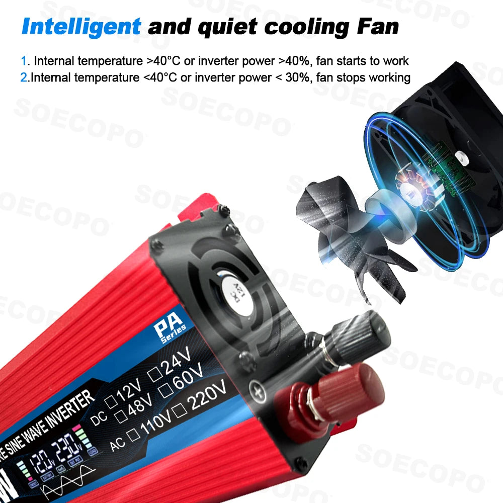 7000W Pure Sine Wave Inverter 12V/24V/48V/60V to 110V/220V AC Output for 12V Home, RV Off-Grid System